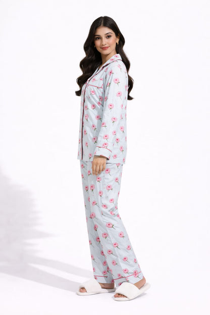 Powder Blue Blossom Printed Linen Pajama suit