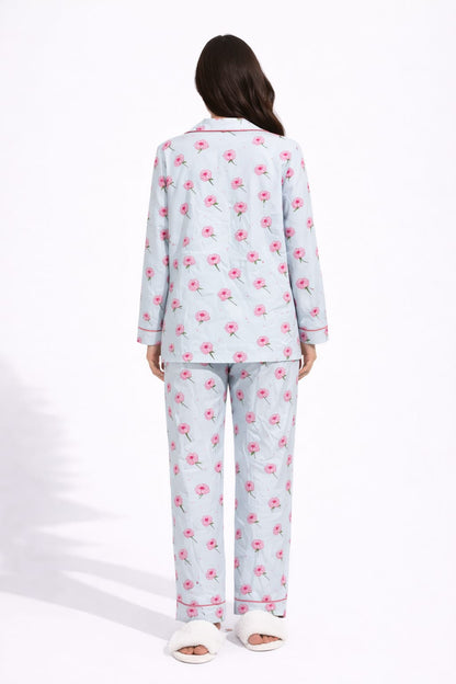 Powder Blue Blossom Printed Linen Pajama suit