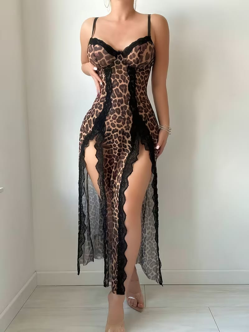 Wild Temptation Leopard Lace Split Night Gown