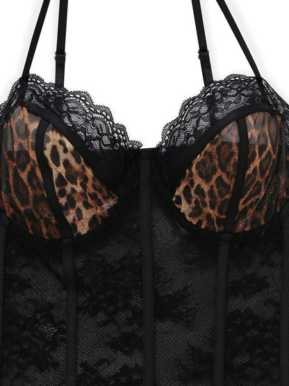Wild Desire Leopard Lace Bodysuit with Wrap Skirt Set