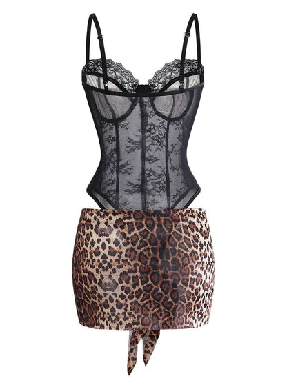 Wild Desire Leopard Lace Bodysuit with Wrap Skirt Set