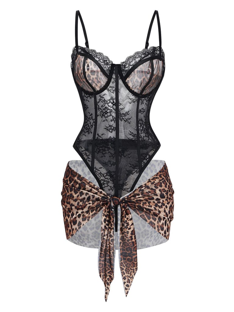 Wild Desire Leopard Lace Bodysuit with Wrap Skirt Set
