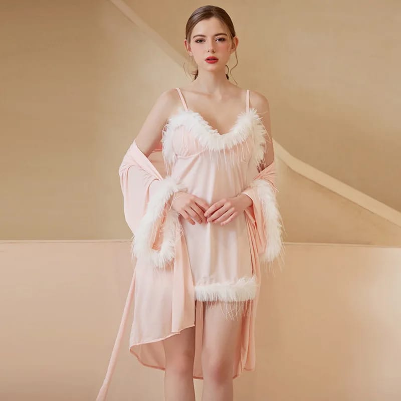 Luxe Feather Trim Soft & Stretchable Robe Set – 4 Piece
