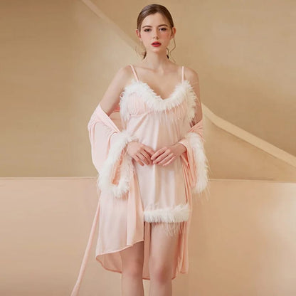 Luxe Feather Trim Soft & Stretchable Robe Set – 4 Piece