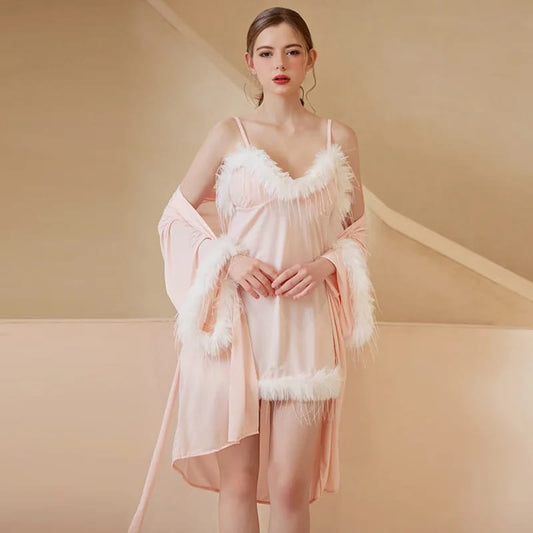 Luxe Feather Trim Soft & Stretchable Robe Set – 4 Piece