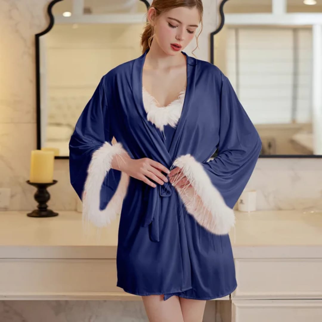 Luxe Feather Trim Soft & Stretchable Robe Set – 4 Piece