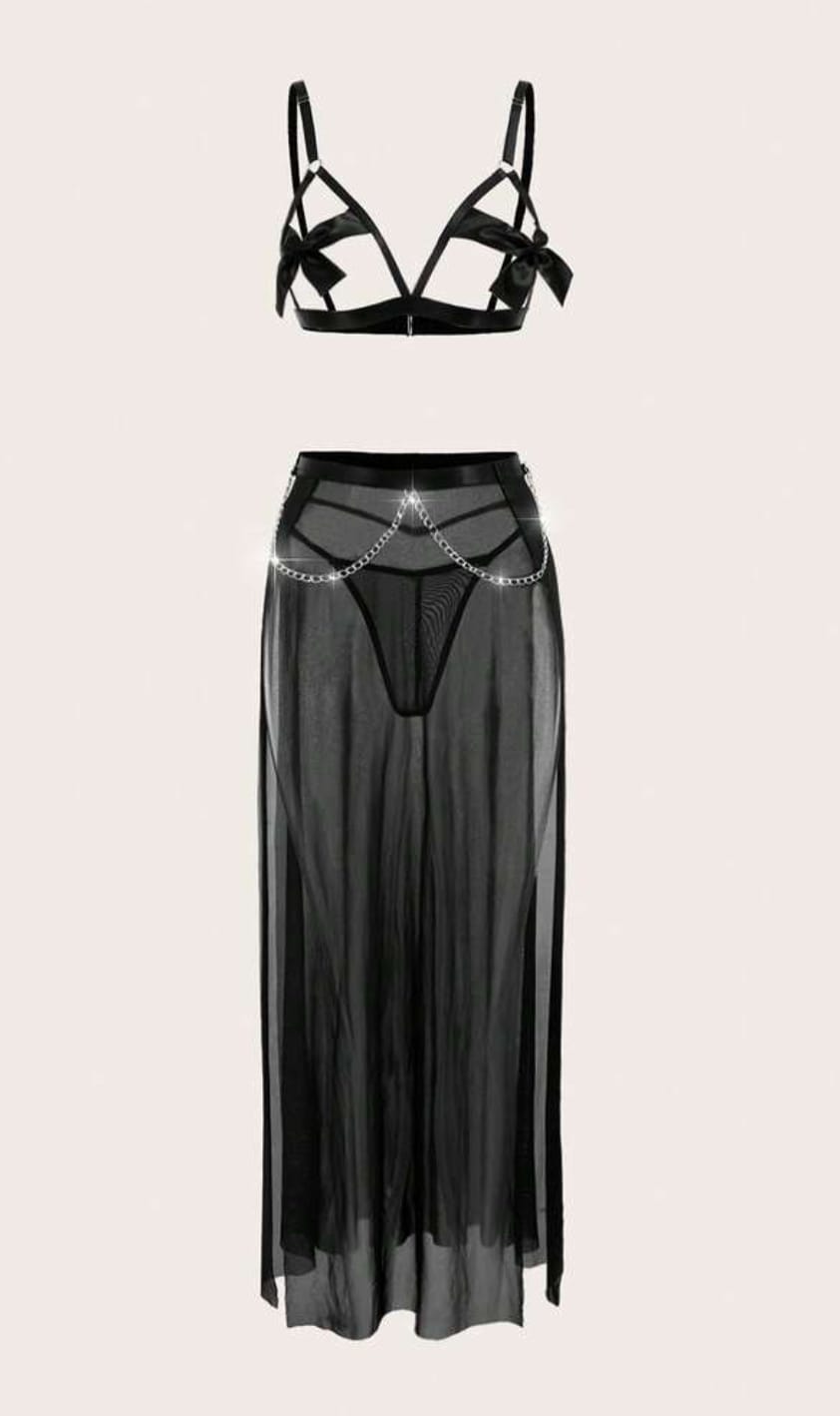 Noir Temptation-Bow Strappy Bra & Chain Skirt 3-Piece Lingerie Set