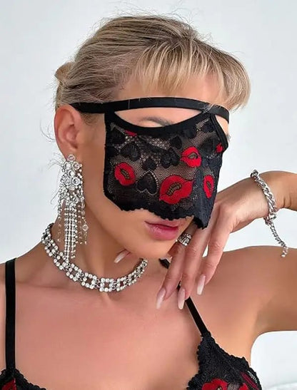 Crimson Kisses – Lip Embroidered Babydoll & Eye Mask Set