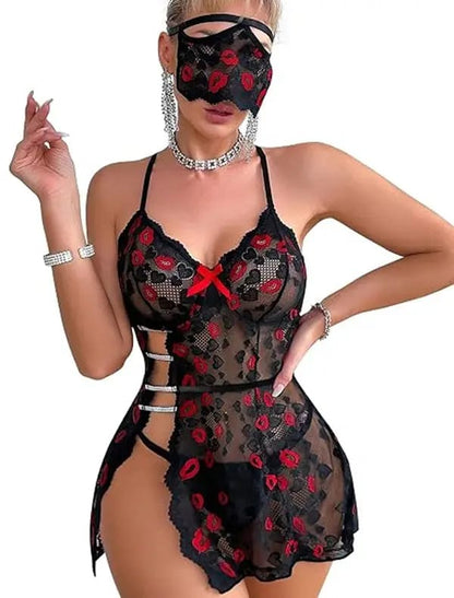 Crimson Kisses – Lip Embroidered Babydoll & Eye Mask Set