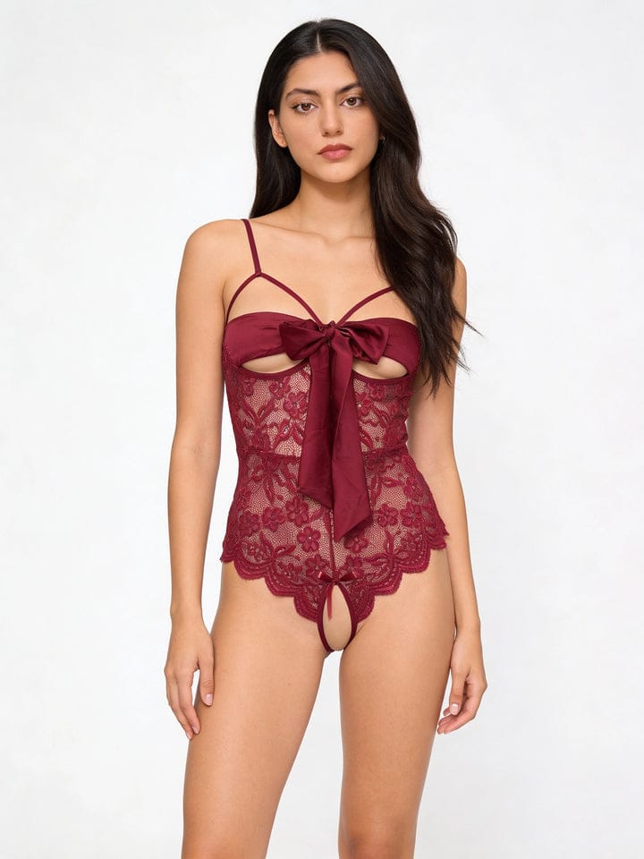 Secret Blush-Bold Satin Bow Lace Lingerie Bodysuit