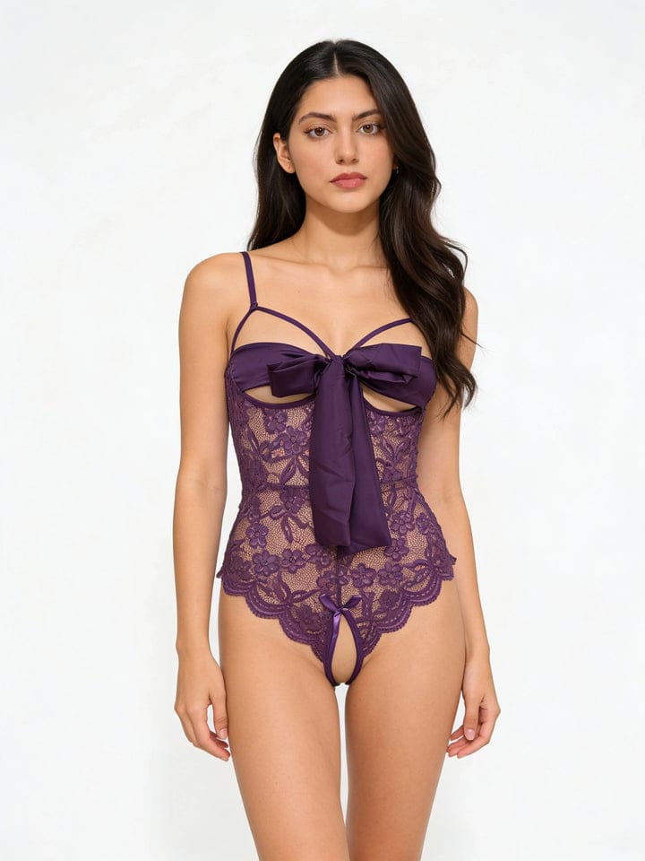 Secret Blush-Bold Satin Bow Lace Lingerie Bodysuit