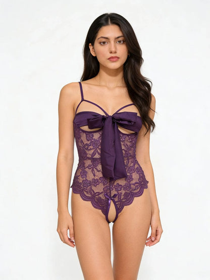 Secret Blush-Bold Satin Bow Lace Lingerie Bodysuit