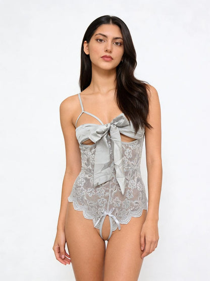 Secret Blush-Bold Satin Bow Lace Lingerie Bodysuit