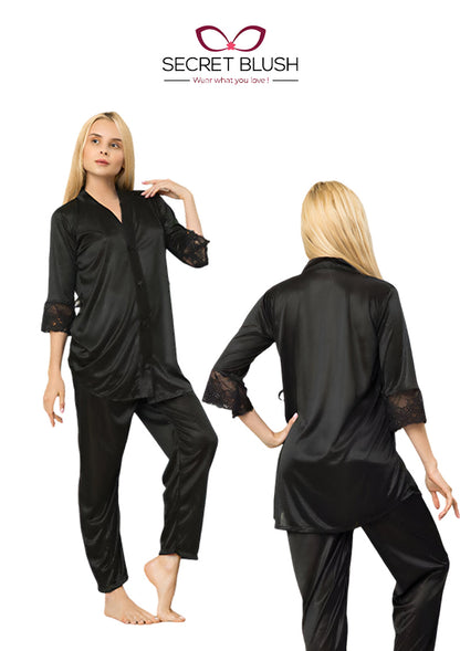 Secret Blush Silk Two pieces Trouser shirt night suit with lace on sleeve