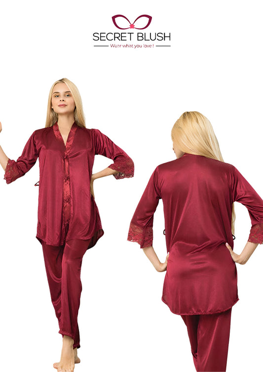 Secret Blush Silk Two pieces Trouser shirt night suit with lace on sleeve