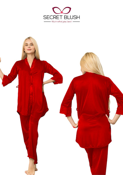 Secret Blush Silk Two pieces Trouser shirt night suit with lace on sleeve