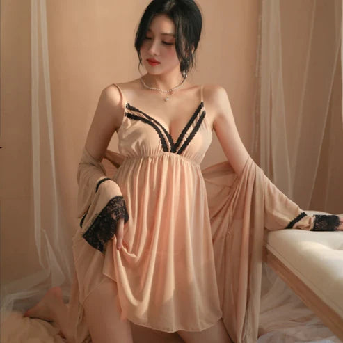 Secret Blush 3-Piece Sheer Lace Lingerie Set with Robe, Nightdress & Panty