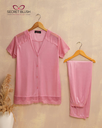 Secret Blush 2 Pieces Lace Silk Night suit Shirt Trouser