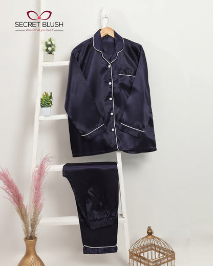 Secret blush Silk 2 Pieces Night Suit Shirt Trouser with scrunchie