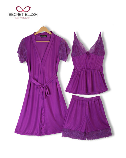 Secret Blush 3 Pieces Silk Night wear with shorts