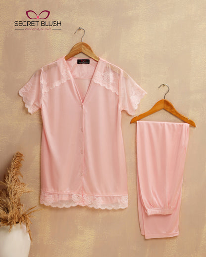 Secret Blush 2 Pieces Lace Silk Night suit Shirt Trouser