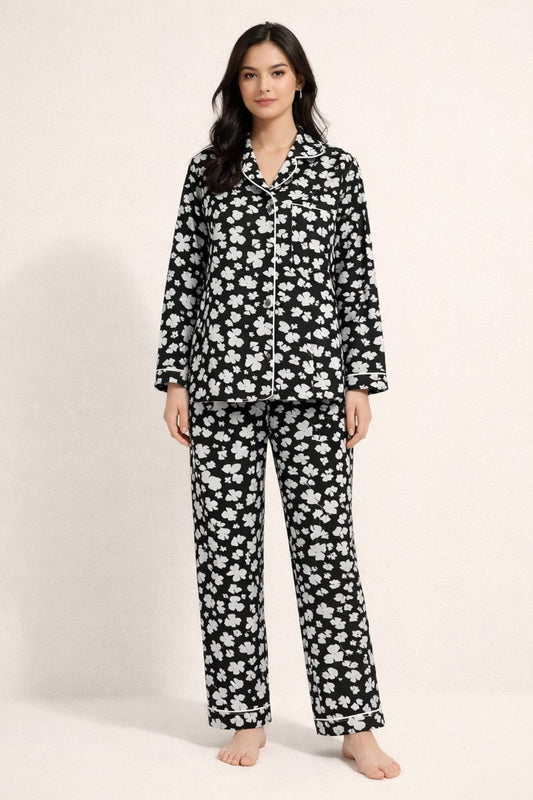 Midnight Blossom Linen Pajama suit