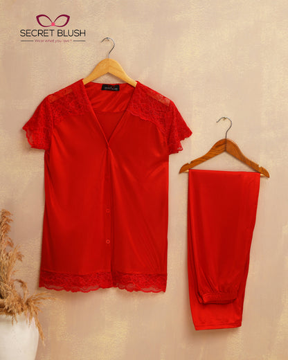 Secret Blush 2 Pieces Lace Silk Night suit Shirt Trouser