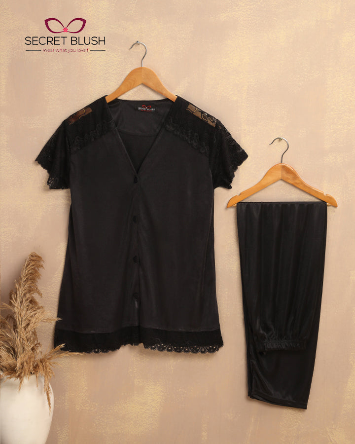 Secret Blush 2 Pieces Lace Silk Night suit Shirt Trouser