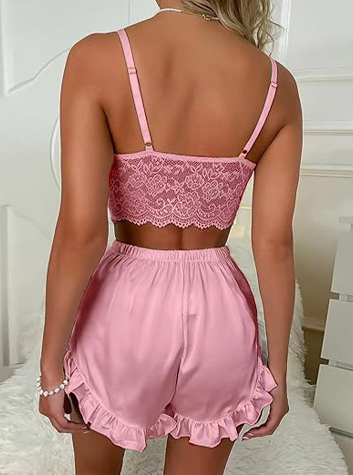 Secret Blush Two Piece Slink Lace Top With Silk Short