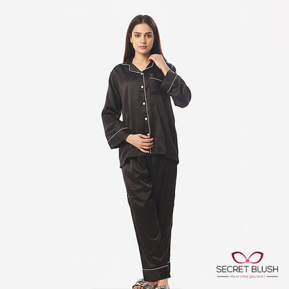 Secret blush Silk 2 Pieces Night Suit Shirt Trouser with scrunchie
