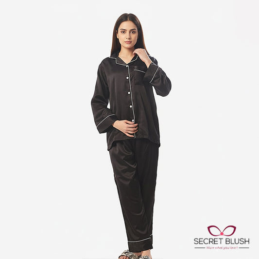 Secret blush Silk 2 Pieces Night Suit Shirt Trouser with scrunchie