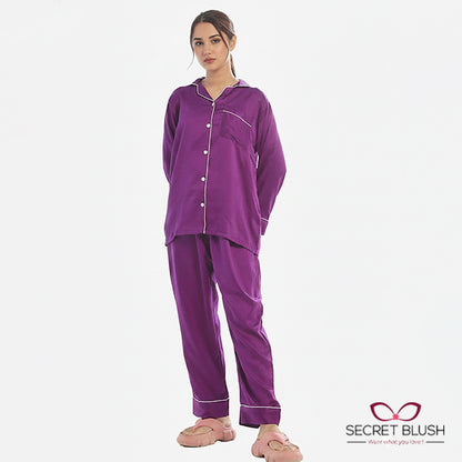 Secret blush Silk 2 Pieces Night Suit Shirt Trouser with scrunchie