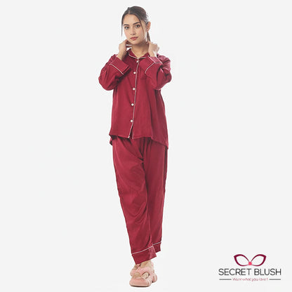 Secret blush Silk 2 Pieces Night Suit Shirt Trouser with scrunchie