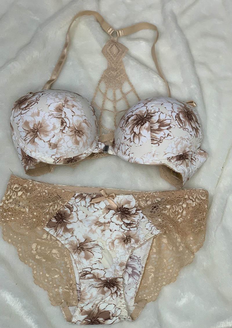 Secret Blush Printed Back Lace front Open Super Padded Bra Set