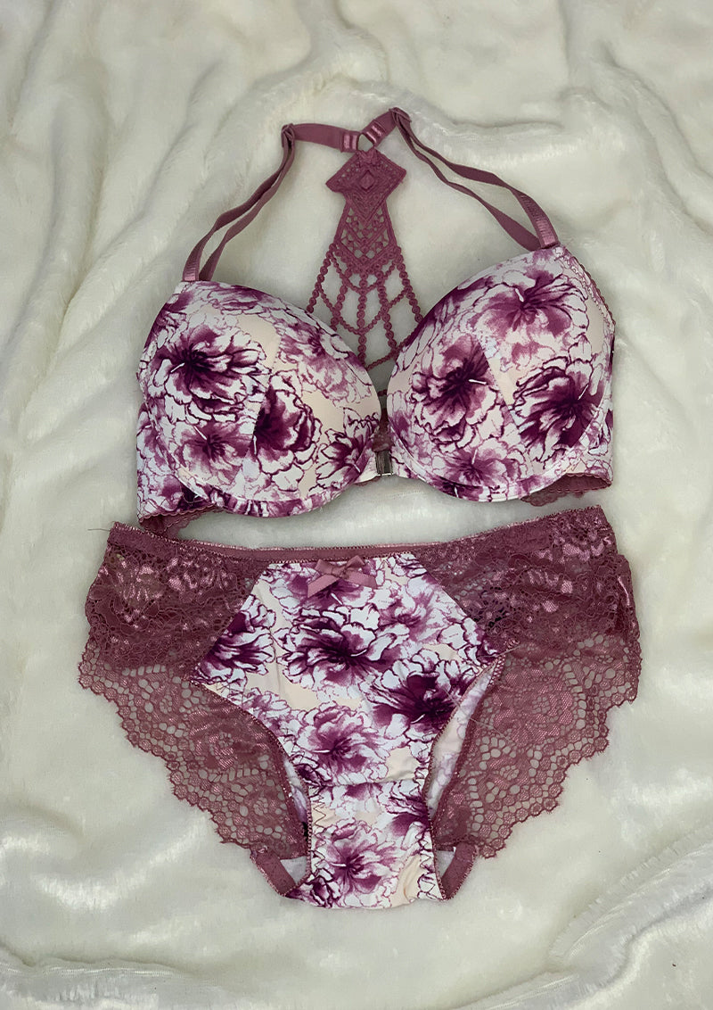 Secret Blush Printed Back Lace front Open Super Padded Bra Set
