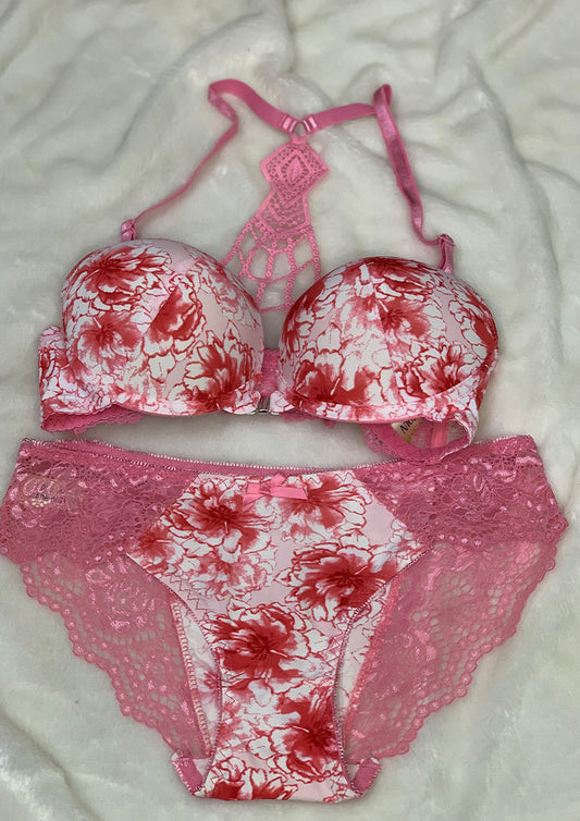 Secret Blush Printed Back Lace front Open Super Padded Bra Set